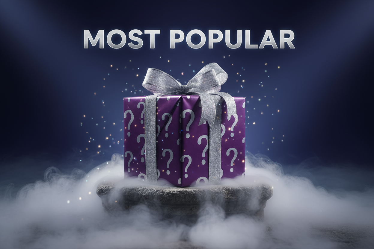 make photo more mystery box like but using the words most popular still